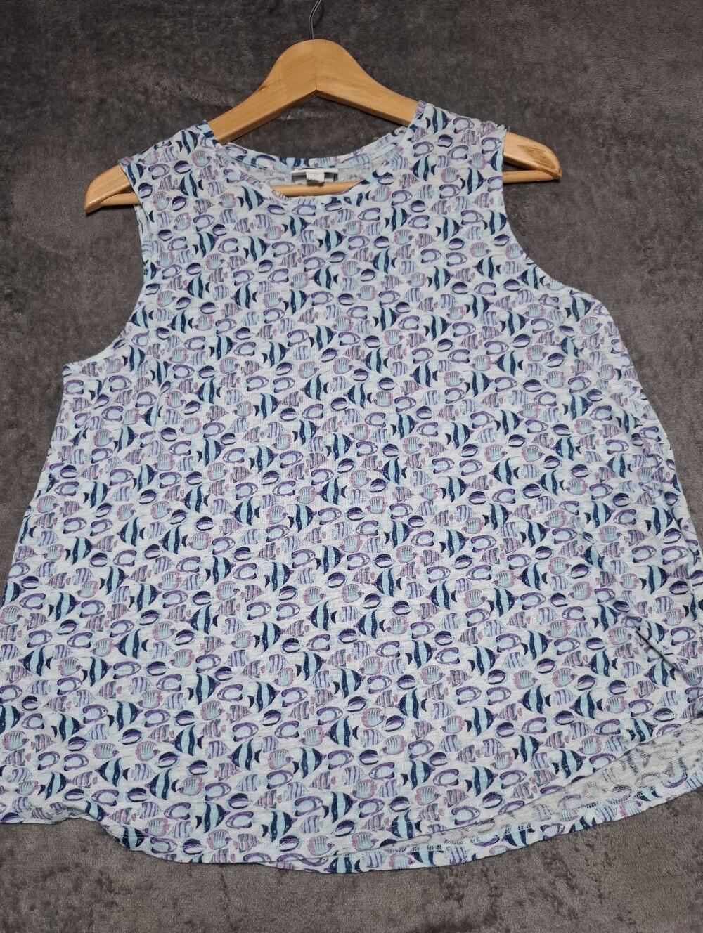 J. Jill Love Linen Blue and Navy Fish Patterned Sleeveless Tank 100% Linen Sz L - Picture 5 of 9